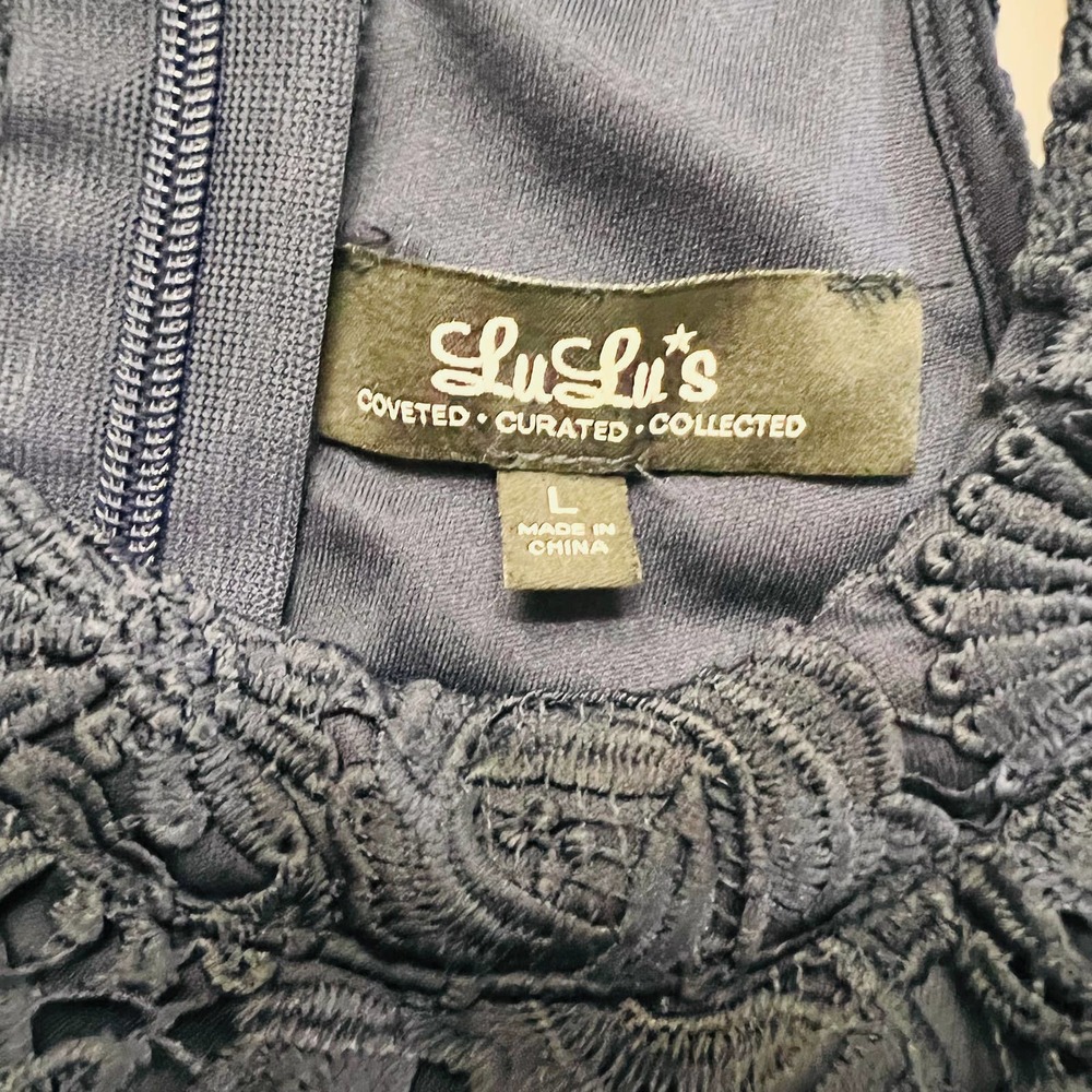 Lulus Lace Dress Size Large Love Poem Sheath High Neck Sleeveless Navy - Picture 5 of 12